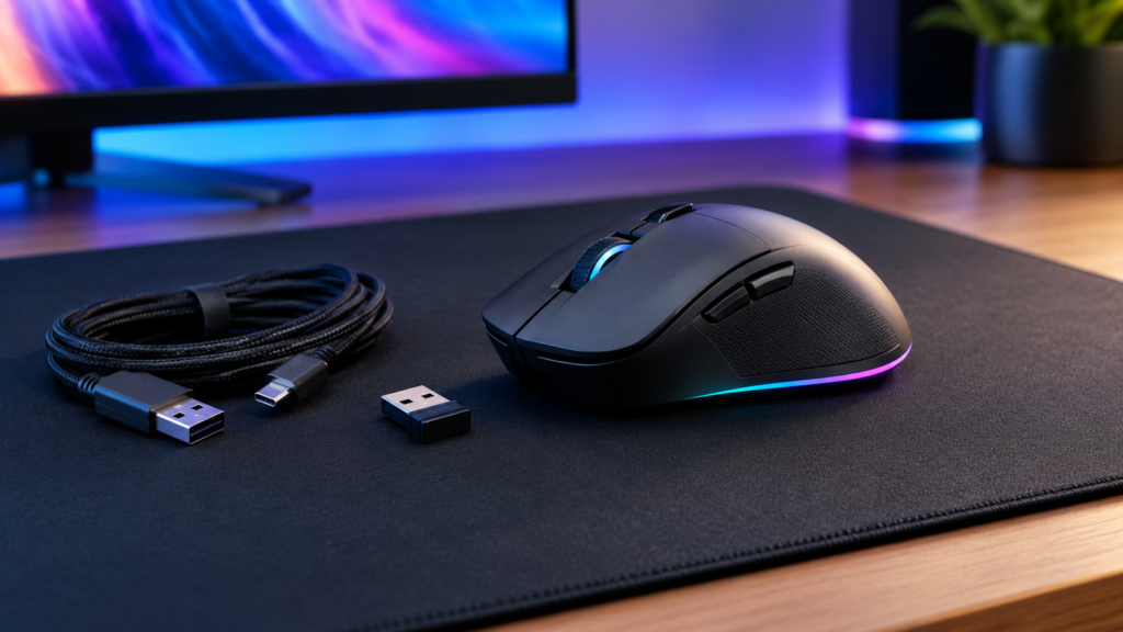 A wireless gaming mouse on a desk mat with its USB receiver and charging cable.
