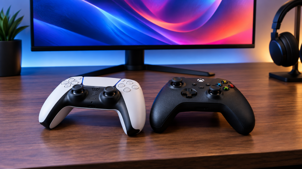 Two different modern game controllers side by side on a desk in front of a monitor.